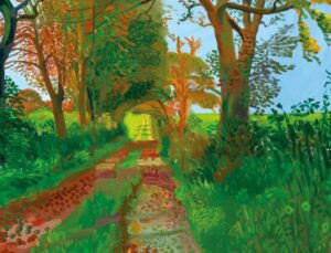 Colorful painting of a path lined by trees.