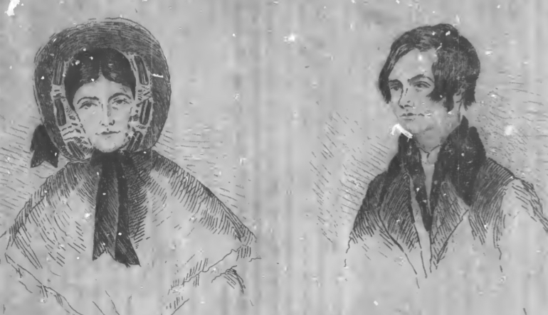Drawing of a man and a woman wearing winter coats in the snow.