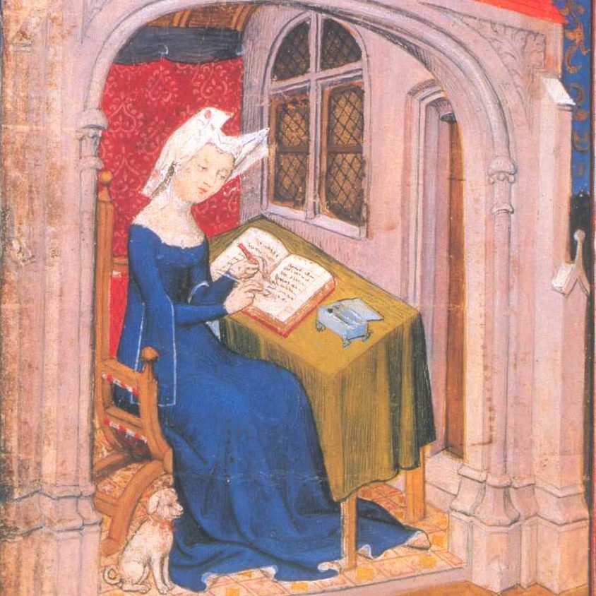 medieval painting of woman writing 