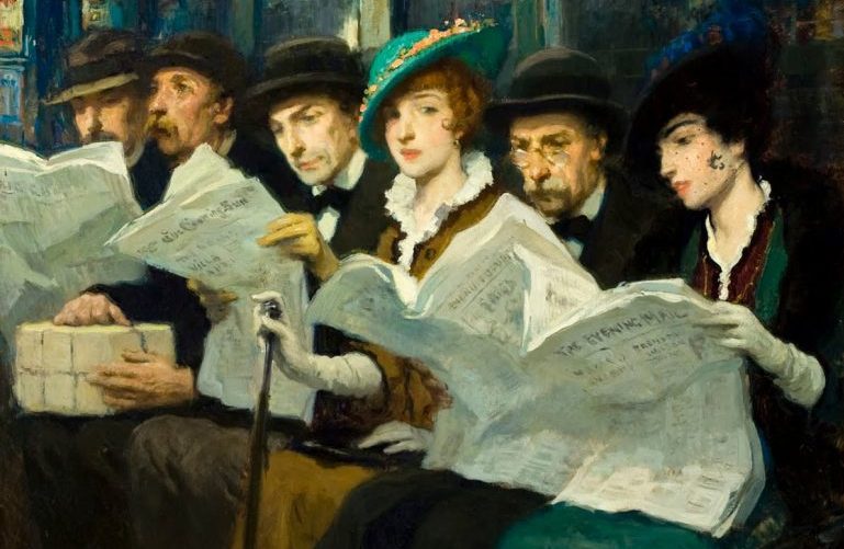 painting of young adults sitting together reading newspapers