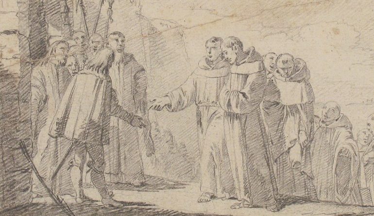 old drawing of men meeting monks 