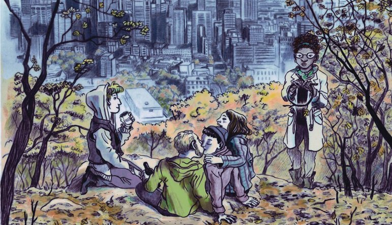 illustration on cover of Body Music, five people in an autumnal park, a cityscape behind them