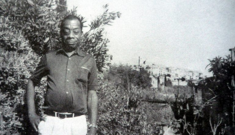 black and white photograph of James Baldwin in Saint-Paul-de-Vence