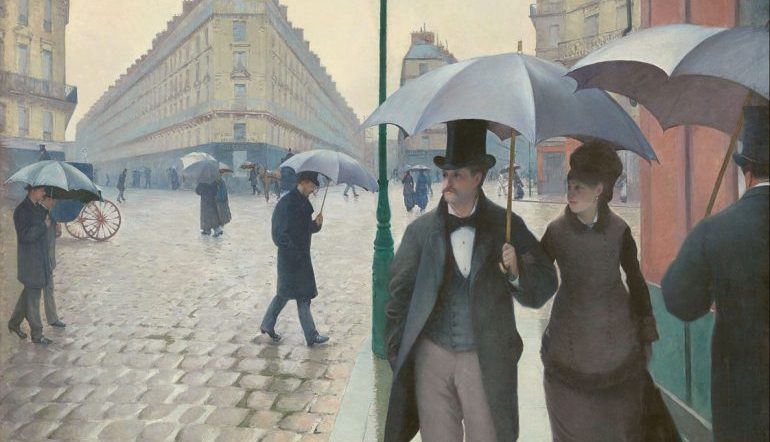 Gustave Caillebotte 19th-century painting of man and women under an umbrella walking a Paris street