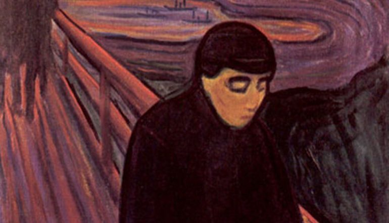 Edvard Munch painting, Despair - person on a fenced bridge with eyes cast downward