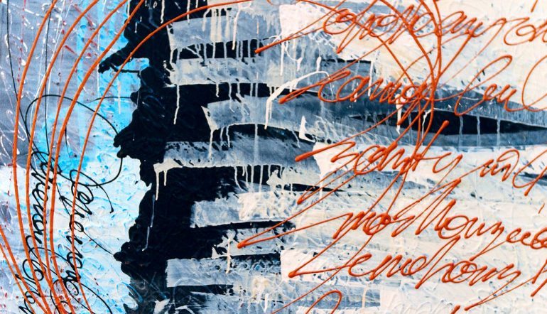 Choichun Leung abstract painting with blues in the background an a rift left of center, what appears to be orange cursive writing on both sides, orange arcs connecting the two sides