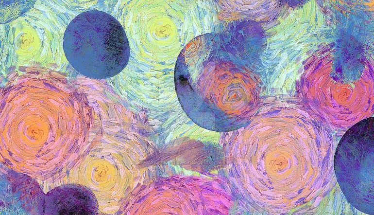 textured painting of overlapping circles in pinks and blues