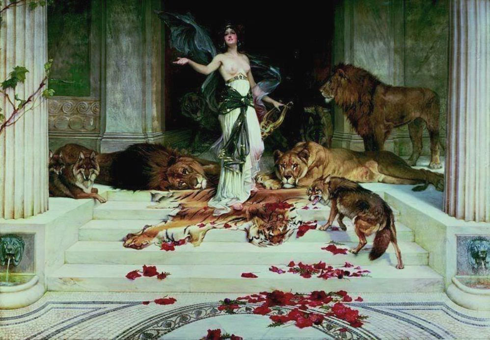Classic Greek painting of the goddess Circe surrounded by wild animals