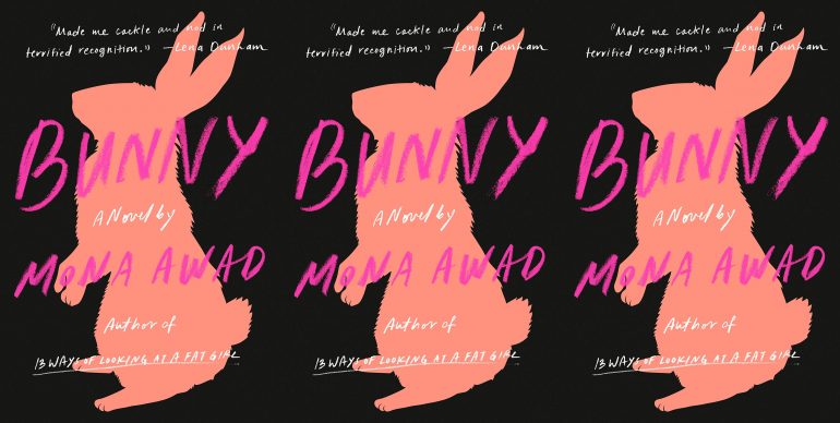 Cover of the book "Bunny" by Mona Awad. Black background with the outline of a pink rabbit