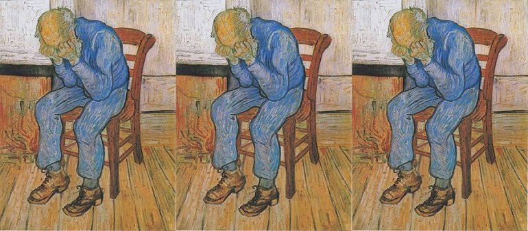 Painting by Vincent van Gogh showing an old man sitting on a chair with his head in his hands
