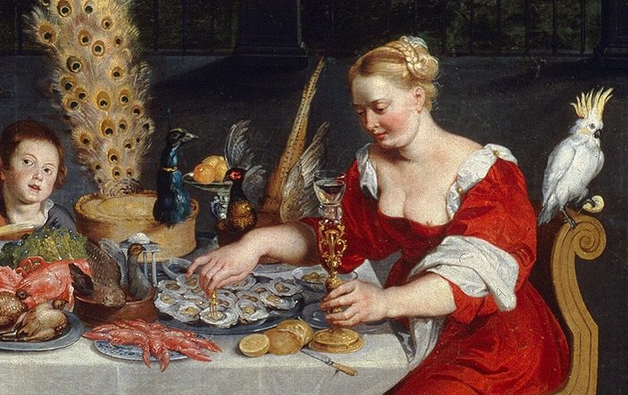 Oil panting depicting a woman in a red dress about to eat oysters in front of a table full of delicacies