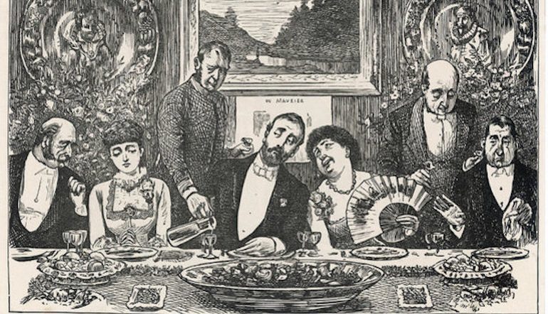Line drawing of a formal dinner party complete with two butlers and people in fancy dress