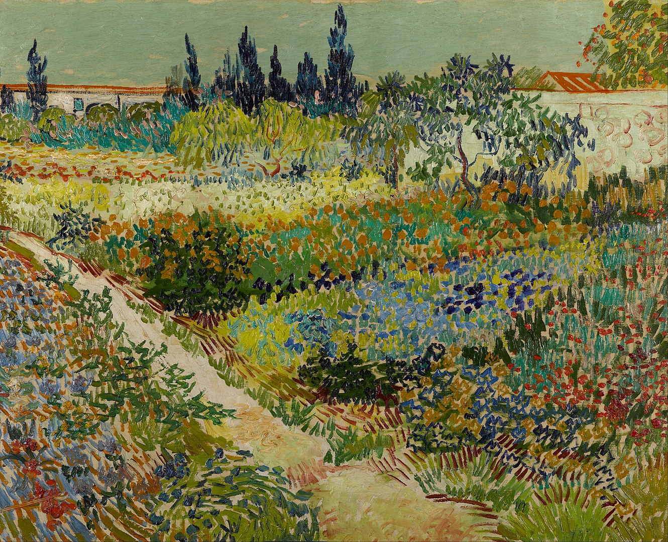 a painting by Vincent van Gogh of a lush garden with a building in the distant background