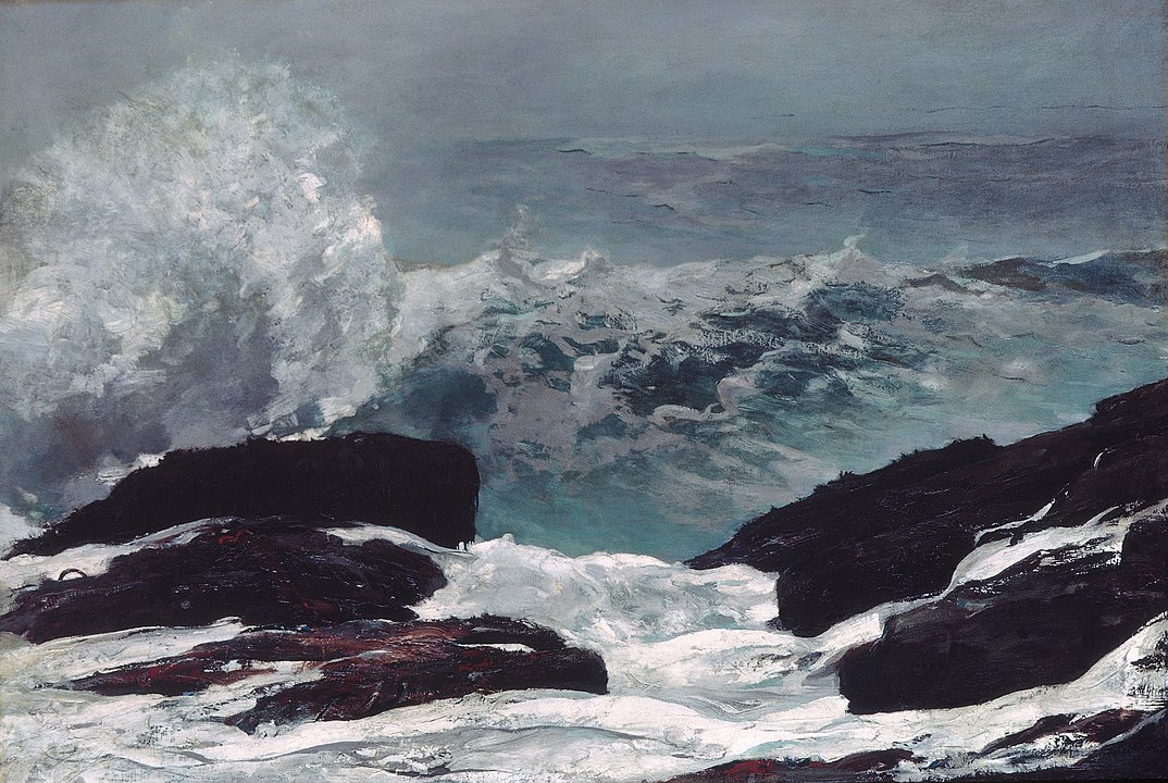 a painting of waves hitting rocks