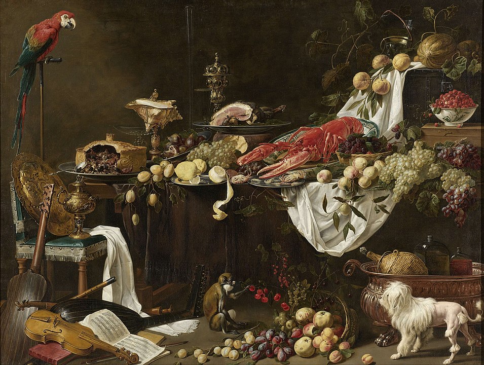 a painting of decadent food on a table, with a parrot in a corner, a dog in another corner, and a monkey on the floor