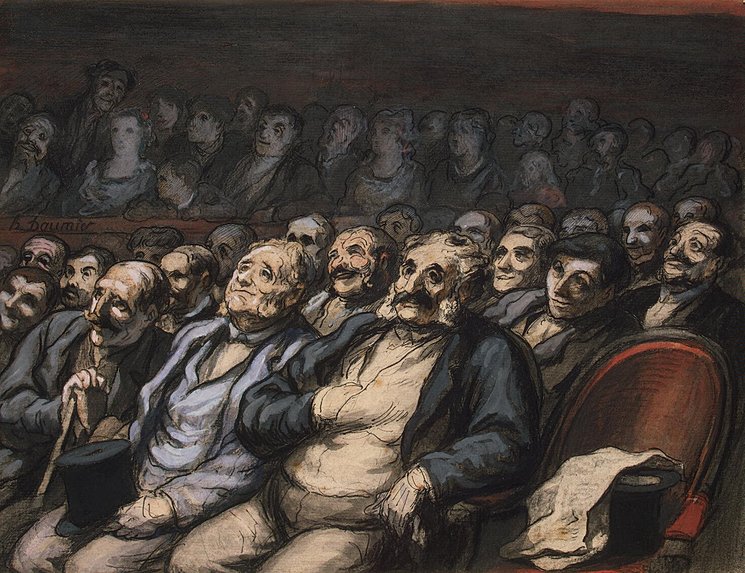 a painting of men seating in theatre seats from the mid-1800s