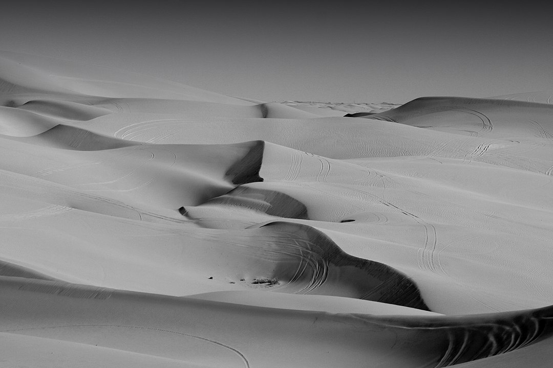 a black and white photograph of and endless panorama of sand dunes