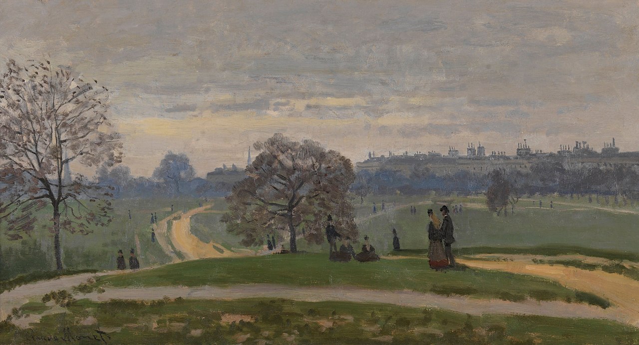 a painting of a park with buildings in the distance
