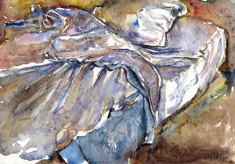 a painting of a bed with rumpled sheets