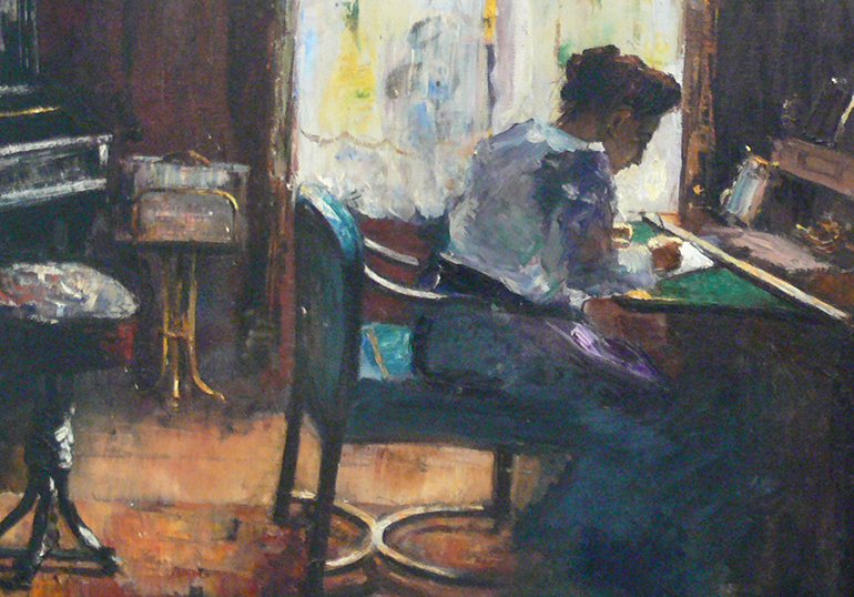 a painting of a woman sitting at a desk next to a window
