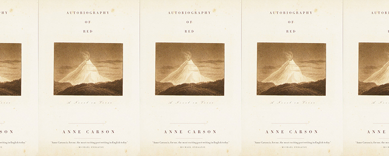 the book cover for Autobiography of Red featuring a photo of an exploding volcano
