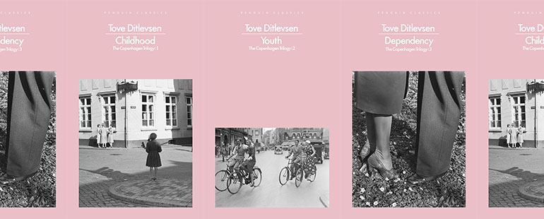 image is a side by side series of the various books of the Copenhagen Trilogy: Childhood, Youth, and Dependency
