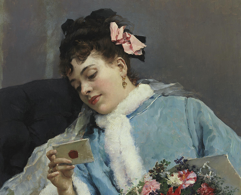 a painting of a woman looking at an unopened letter