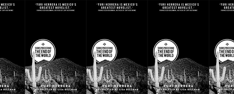 side by side series of the cover of Yuri Herrera's Signs preceding the end of the world, featuring a desert landscape with cacti
