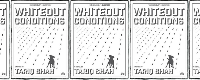 side by side series of the cover of Whiteout Conditions by Tariq Shah - the cover features a cartoon-esque drawing of a blizzard and the silhouette of a small dog