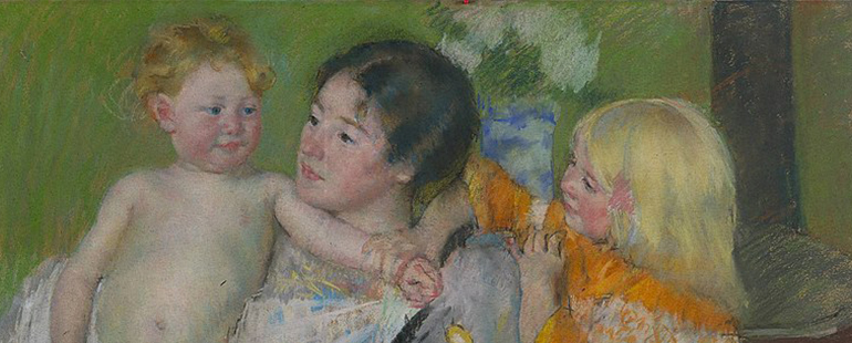 an impressionistic, 1901 painting titled After the Bath by Mary Cassatt depicts a mother and two children--the mother holds a younger baby, while an older child looks on--the mother's face is pensive and serene