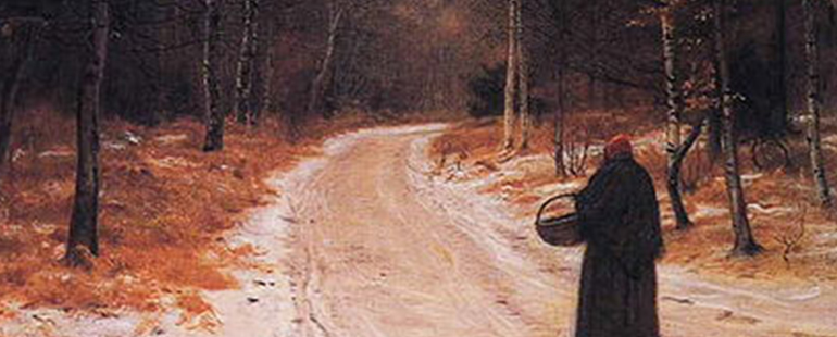 oil painting by John Everett Millais of a figure in a dark overcoat and a red cap carrying a small basket and standing on a road in a the woods in winter at dusk