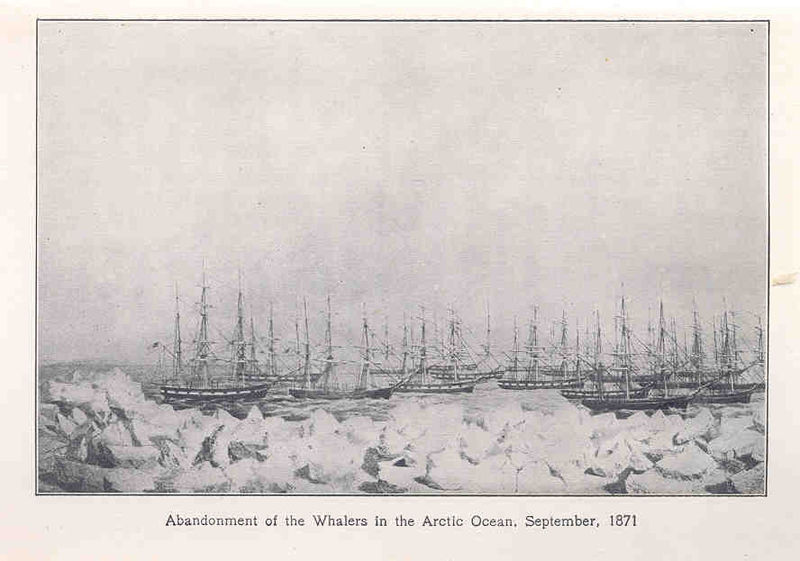 illustration of a group of whaling ships on the Arctic Ocean, with a caption that reads: "Abandonment of the Whalers in the Arctic Ocean, September, 1871"