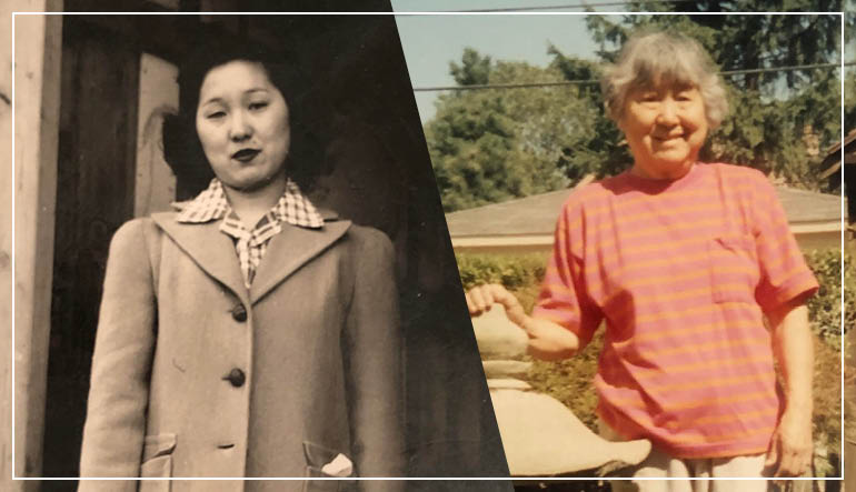 two images of the writer's grandmother side by side, one a sepia photograph of the grandmother as a young woman at Heart Mountain Concentration Camp, the other of the grandmother much later, as an older woman, wearing a striped pink shirt in a full-color photograph 