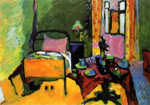 a brightly colored painting of a bedroom by Wassily Kandinksy featuring a wrought iron bed, a small table, and bright mustard yellow floors