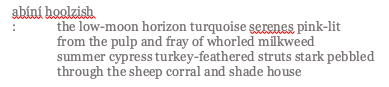 poem, text reads: "abíní hoolzish : the low-moon horizon turquoise serenes pink-lit from the pulp and fray of whorled milkweed summer cypress turkey-feathered struts stark pebbled through the sheep corral and shade house"