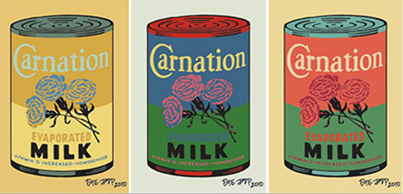 side by side Warhol-esque images of cans of Carnation condensed milk