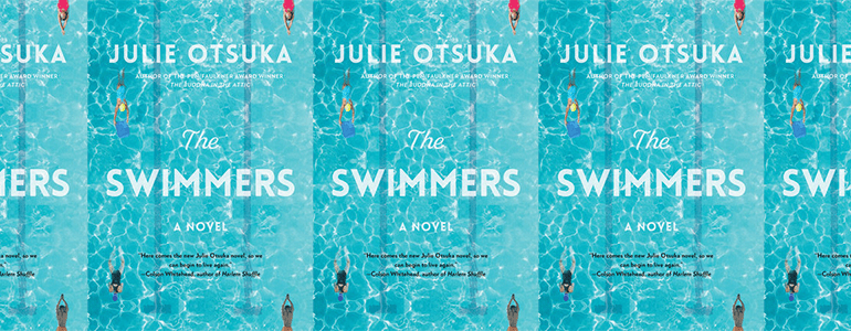 the book cover for The Swimmers featuring an aerial photograph of a few people swimming in lanes in a pool