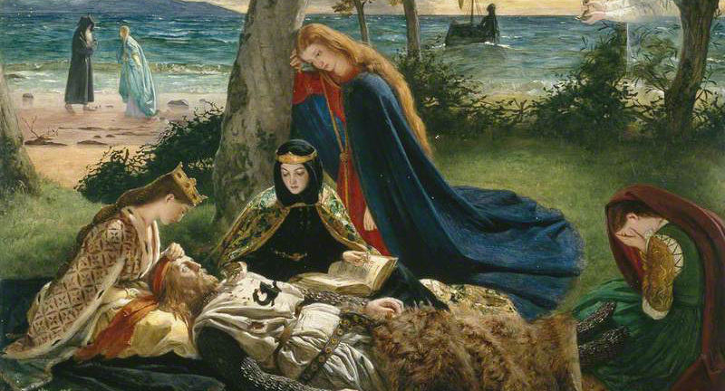 a painting of four women kneeling next to King Arthur's body