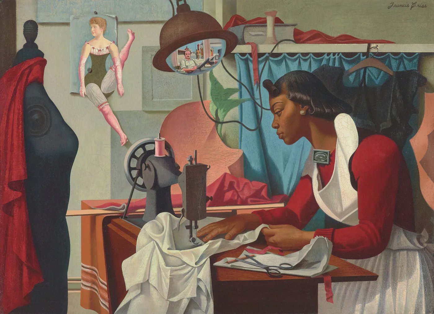 a painting of a woman sewing a large project