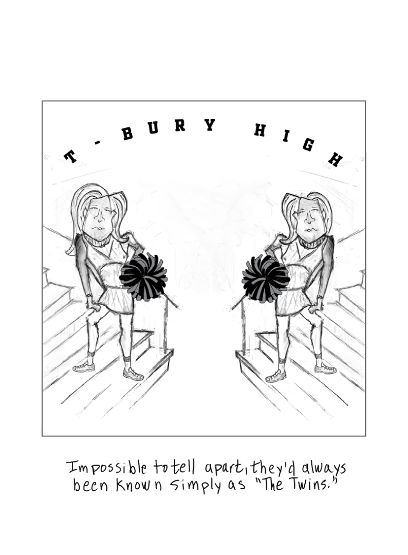 Cartoon of the two women as cheerleaders with pom-poms and dressed in uniforms. A sign above their heads says "T-BURY HIGH." Handwritten text is beneath them, transcribed below.