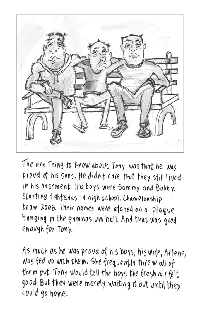 A cartoon of three men sitting on a park bench. The man in the middle is older than the two men on the sides. There is handwriting below the image transcribed below.