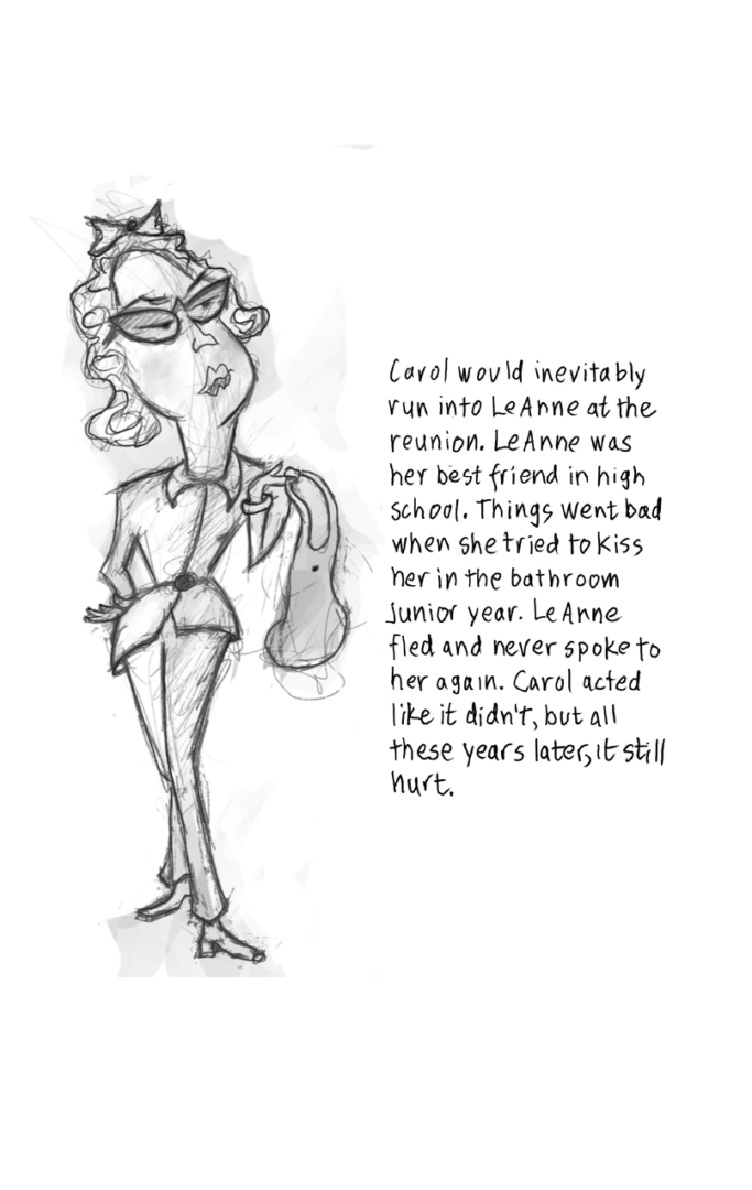 A cartoon of a woman wearing a bow and glasses with her bag slung over her shoulder. She is looking crossly to her right. There is handwritten text to the right, transcribed below.
