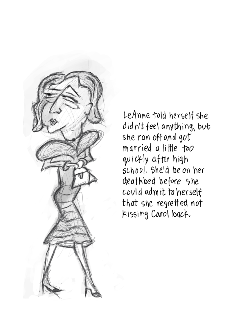 A cartoon of a woman wearing heels and a chic dress. She is looking sheepishly to her left. There is handwritten text to her right, transcribed below.
