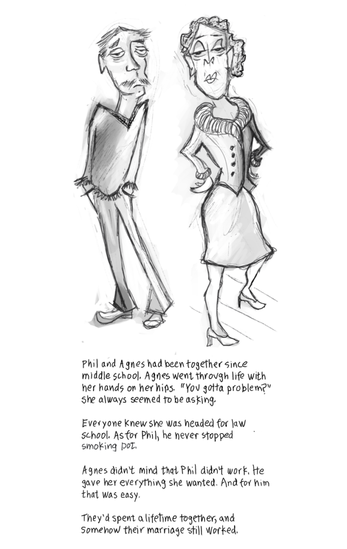 A cartoon of a man and a woman standing next to each other. The man has a mustache and is standing with his hands in his pockets. The woman is wearing a skirt suit and has her hands on her hips. There is handwritten text beneath them, transcribed below. 