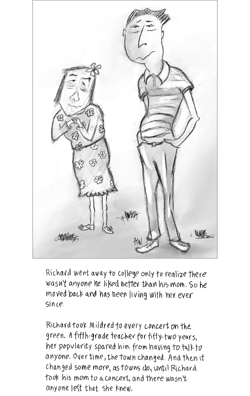 A cartoon of an older woman with a younger man standing next to her. She is wearing a dress with flowers and looks up admiringly at the younger man, who has his hands in his pockets. There is handwritten text beneath them, transcribed below.