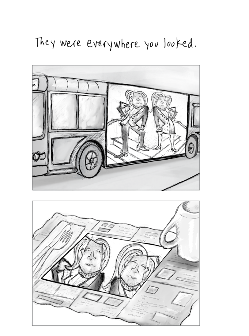 Cartoon images of a bus with the two business women in an advertisement on the side, and a diner menu with an advertisement of the two women. Handwritten text is transcribed below.