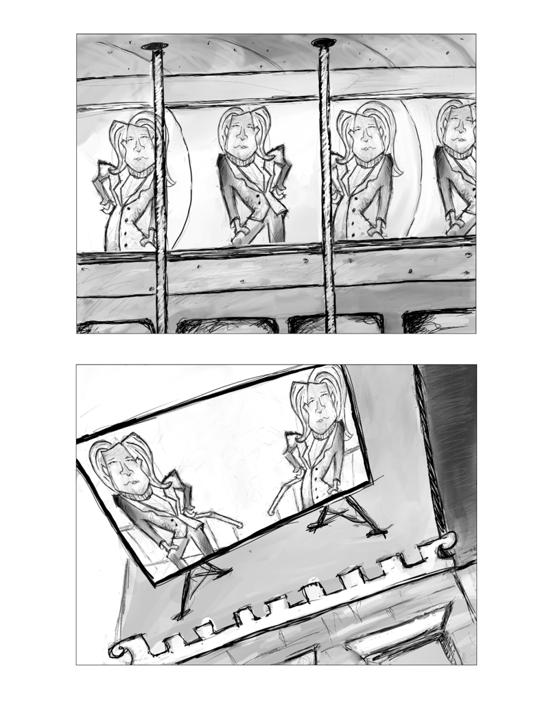 Cartoon of subway ads of the two businesswomen. Cartoon of a bilboard of the two businesswomen.
