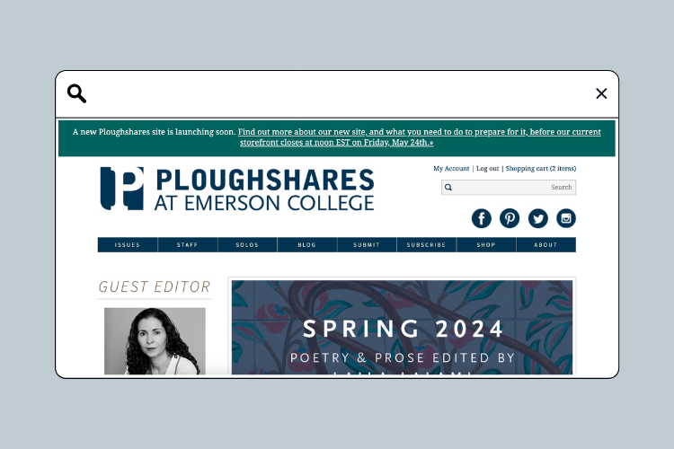 A screenshot of the Ploughshares homepage on a light blue background.