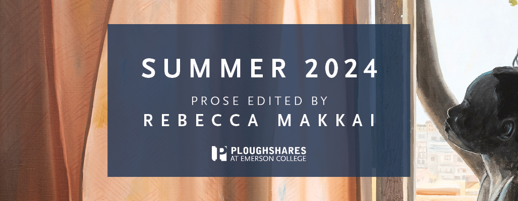 An illustration of a Black girl leaning against a window, with a blue textbox that says, "Summer 2024 / Prose Edited by Rebecca Makkai"