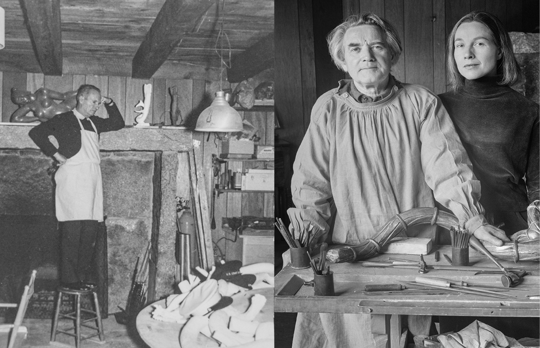 Two photos side by side. LEFT: Person in apron stands on stool next to a mantel with sculptures in a rustic studio. Ceiling beams and a hanging lamp are above. RIGHT: Two people stand behind a table with carving tools and a wooden sculpture